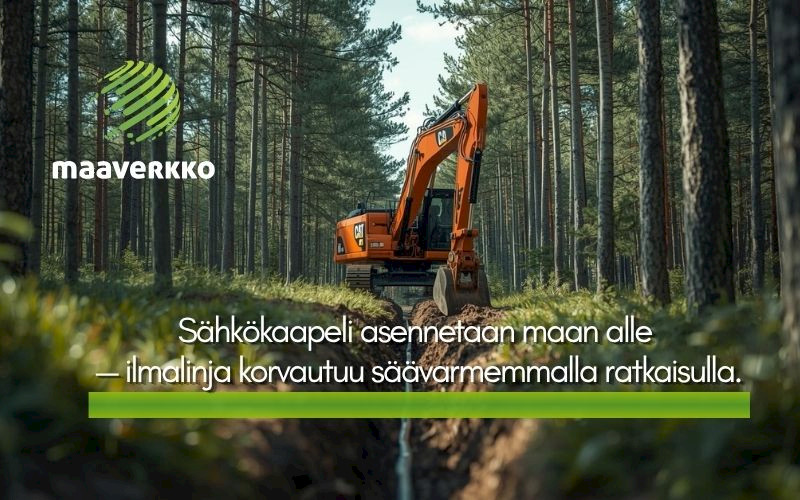 Maaverkko Oy:n kaivinkone kaivaa sähkökaapeliojaa Kontiolahden ja Jakokosken metsissä